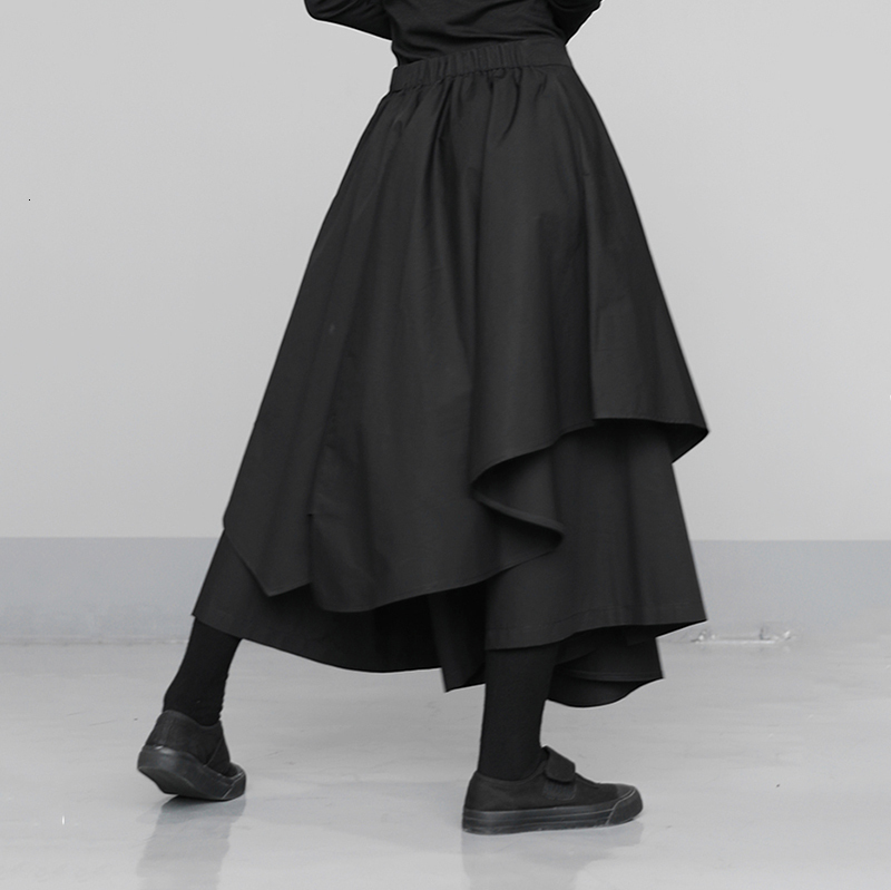 

Two Piece Dress [Eam] High-waist pants with elastic, black, asymmetric, long leg, loose braces, women's fashions, spring, 7C7R, 1# shoe box