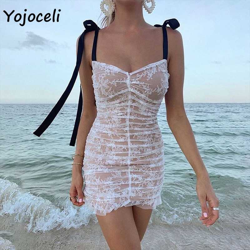 

Yojoceli autumn sexy lace dres strap bow ruffle crochet 210609, Beige