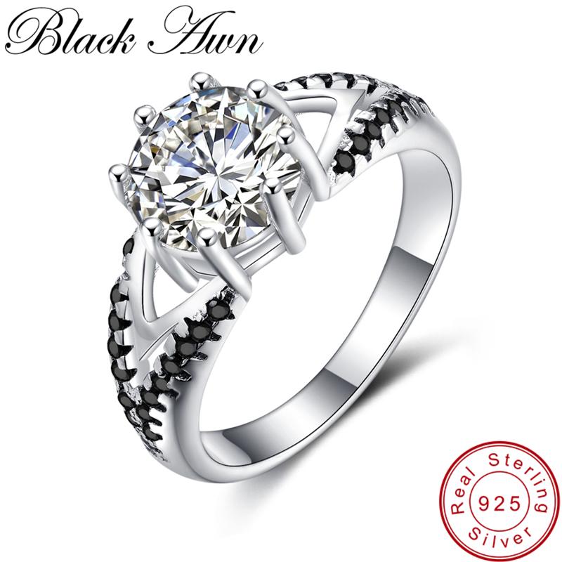 

Cluster Rings [BLACK AWN] Vintage Engagement For Women Genuine Elegant Sterling 925 Silver Jewelry Black&White Stone Bague Bijoux C252