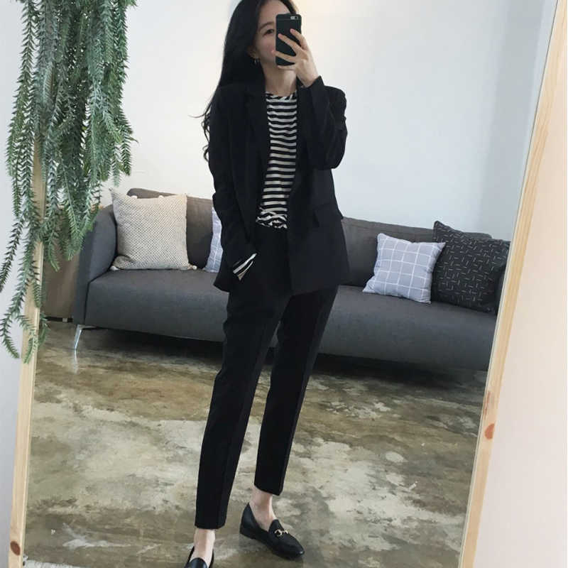 

Autumn and Winter Professional Wear Female Fashion Interview Work Suit High Quality Slim Trousers 2-piece Set 210527, Black