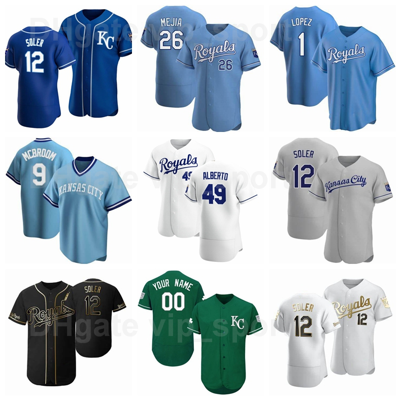 

49 Hanser Alberto Jersey Baseball 26 Erick Mejia 9 Ryan McBroom 17 Hunter Dozier 8 Nicky Lopez 12 Jorge Soler Men Kids Women, Blue;black