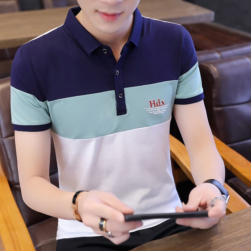

95% cotton summer short sleeve T-shirt, Korean version Lapel polo shirt, youth handsome base coat, men's Fashion Top, 8706 top blue bottom grey