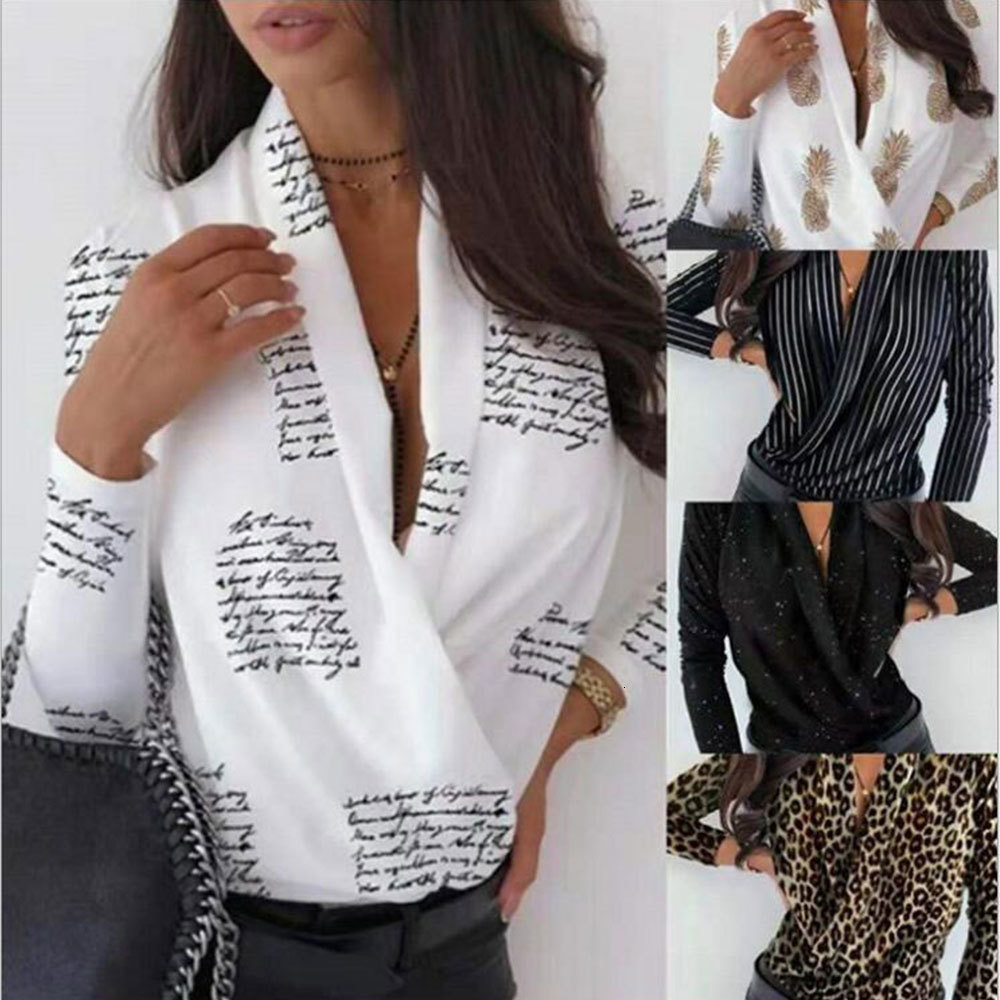 

2021 New Long Sleeve Color Block Patchwork Loose Shirts Sexy Deep v Neck Chiffon Blouse Elegant Office Ladies Tops Tunic Ndh1, Blue