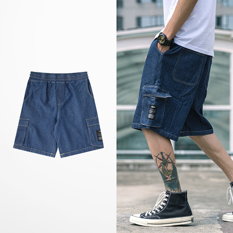 

2021 New Fashion Brand Design Multi-pocket Black Blue Denim Retro-skateboard Men's Shorts Hip Hop Will See Jeans 0iw0