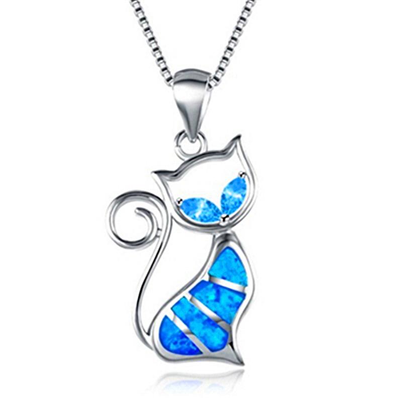 

Pendant Necklaces 2021 Design Cat Rhinestone Choker Necklace Blue Fire Synthesis Opal For Women Fashion Animal Jewelry Gift