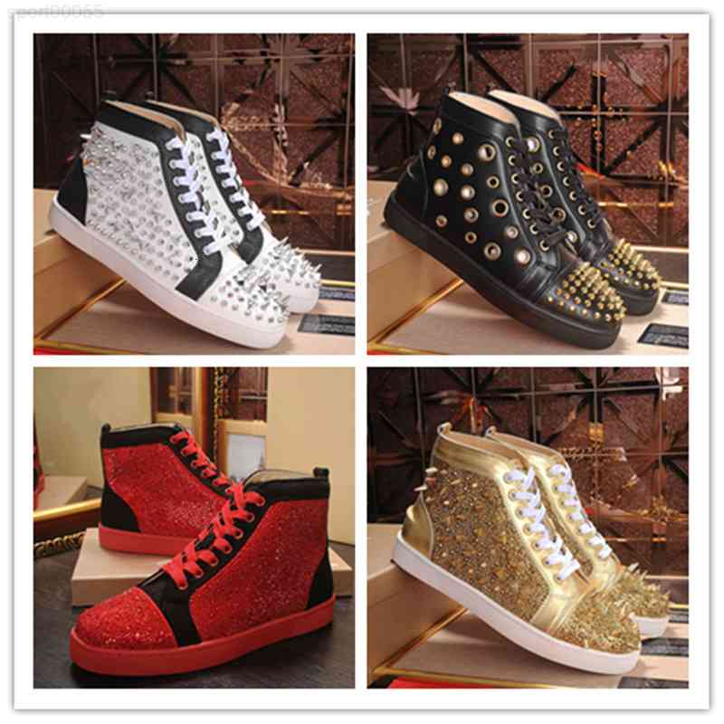 

2021 Sneakers For Men Women Low Cut Suede Glitter Party Lovers Wedding Genuine Leather Rivet Red Bottoms Shoes Studded Spikes Flat, Color 7