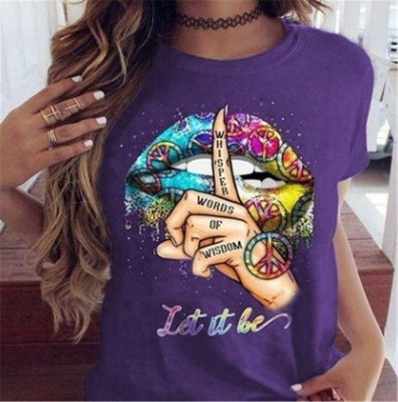 

Trend Style Women Pattern T-shirts Fashion Casual Round Neck Short Sleeve Tops Summer Female Shut Up Gesture Printing Tees, Navy blue