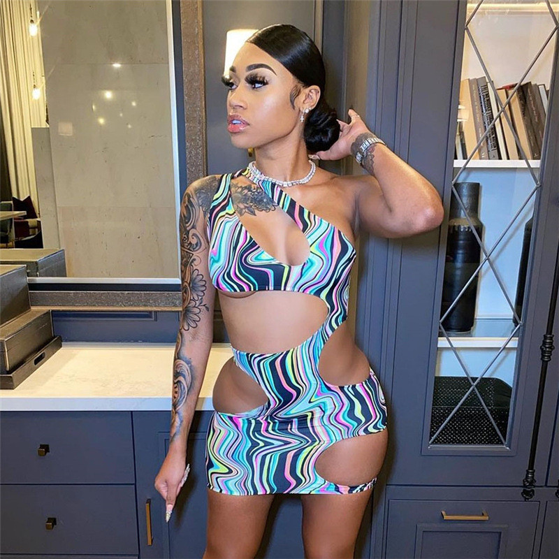 

Colorful Asymmetry Mini Dress Women Summer Bodycon Streetwear Stretchy Sleeveless One Shoulder Club Party Clothing, Black;gray