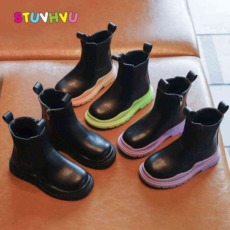 

Children's Shoes Autumn Fashion Girls Boots Black Leather Martin Boots for Boy Kids Ankle Boots School Sports Shoes 26-36 211108, Purple