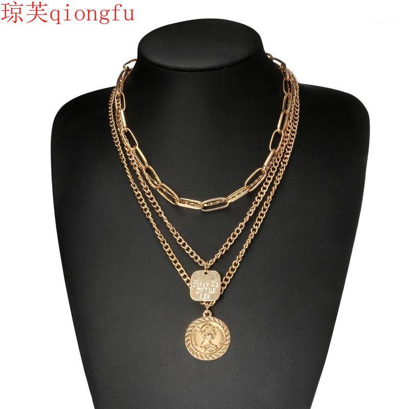 

Chains Rose Gold Metal Geometric Simple Retro Portrait Coin Pendant Necklace Alloy Multilayer Water-wave Chain