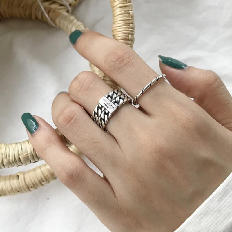 

Cluster Rings Retro Authentic S925 Sterling Silver Fine Jewelry Double Rows Chain /Twisted Roped Ring Lady's Adjust J352, Golden;silver