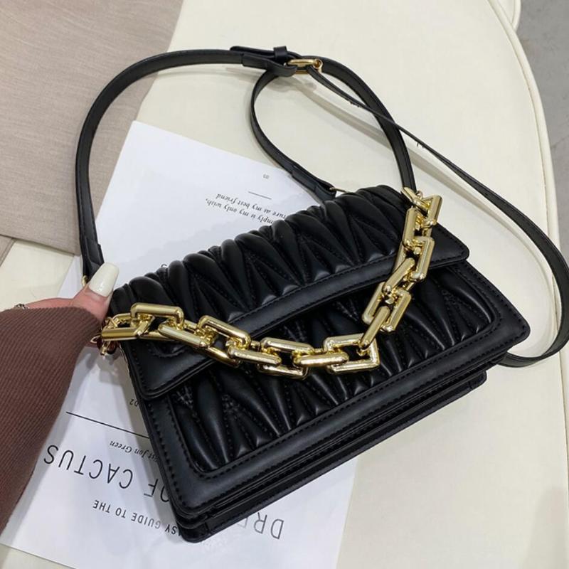 

Thick Chain Tote Pleated bag 2021 Fashion New High quality PU Leather Women's Designer Handbag Vintage Shoulder Messenger Bag, Black
