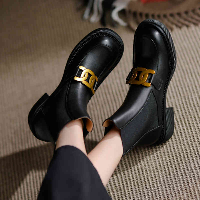 

boots luxury brand metal female decoration ankle genuine chunky leather boots girl pumps winter lady shoes office women's basic er3i, Black