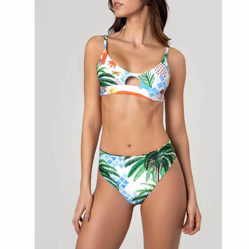 

Women' Swimwear Sexy Bikinis Set Leaf Print Hollow Swimsuit Chic Fashion Casual Tank For Women Femme Brazilian Bikini Bandeau Biquini, Green