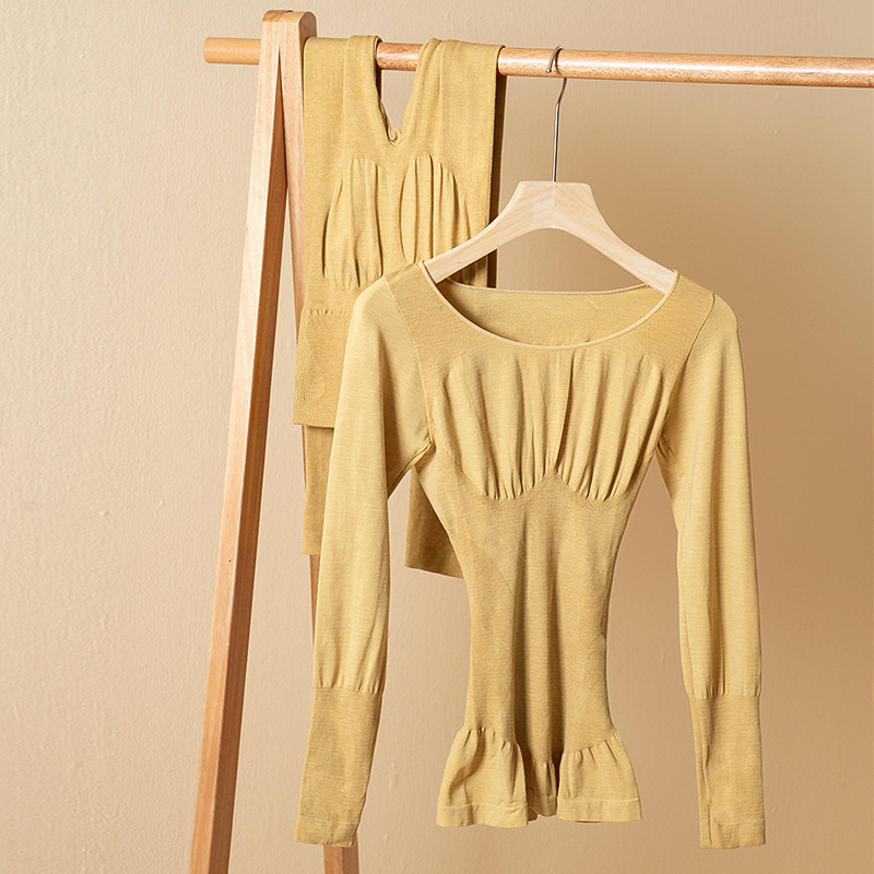 

2021 New Women's Thermal Set Seamless Heating Warm-keeping Underwear Slim-fit Ultra-stretch Waist Protection Slimming Clothes Xwvc, Beige