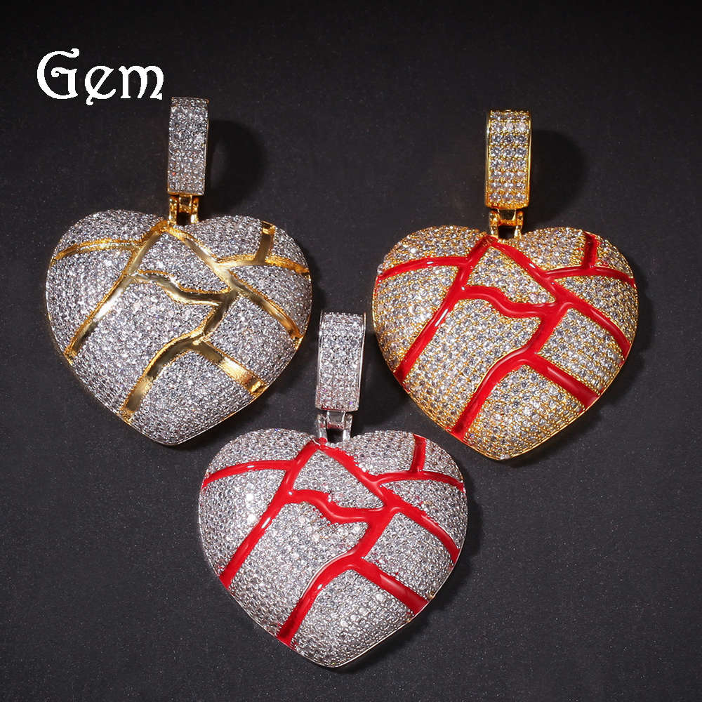 

Hip hop broken heart shape pendant broce heart with zircon necklace for lovers