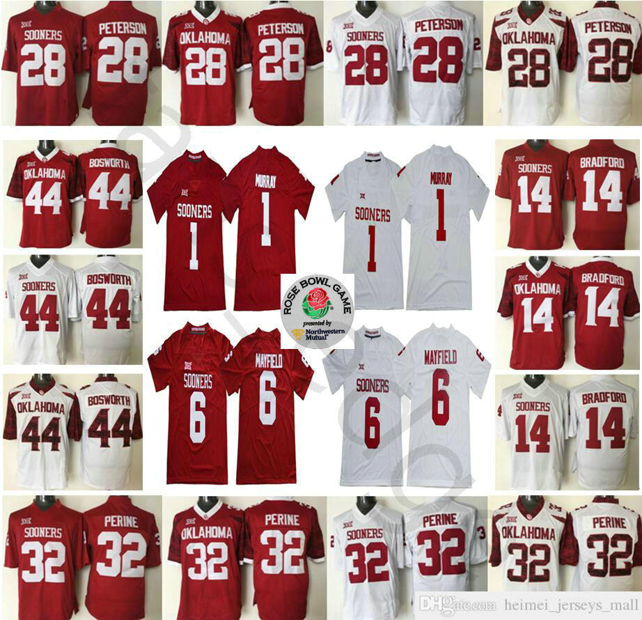 

NCAA Oklahoma Sooners #1 Kyler Murray Jersey 6 Baker Mayfield 14 Sam Bradford 28 Adrian Peterson 44 Brian Bosworth College Football Jerseys, With patch