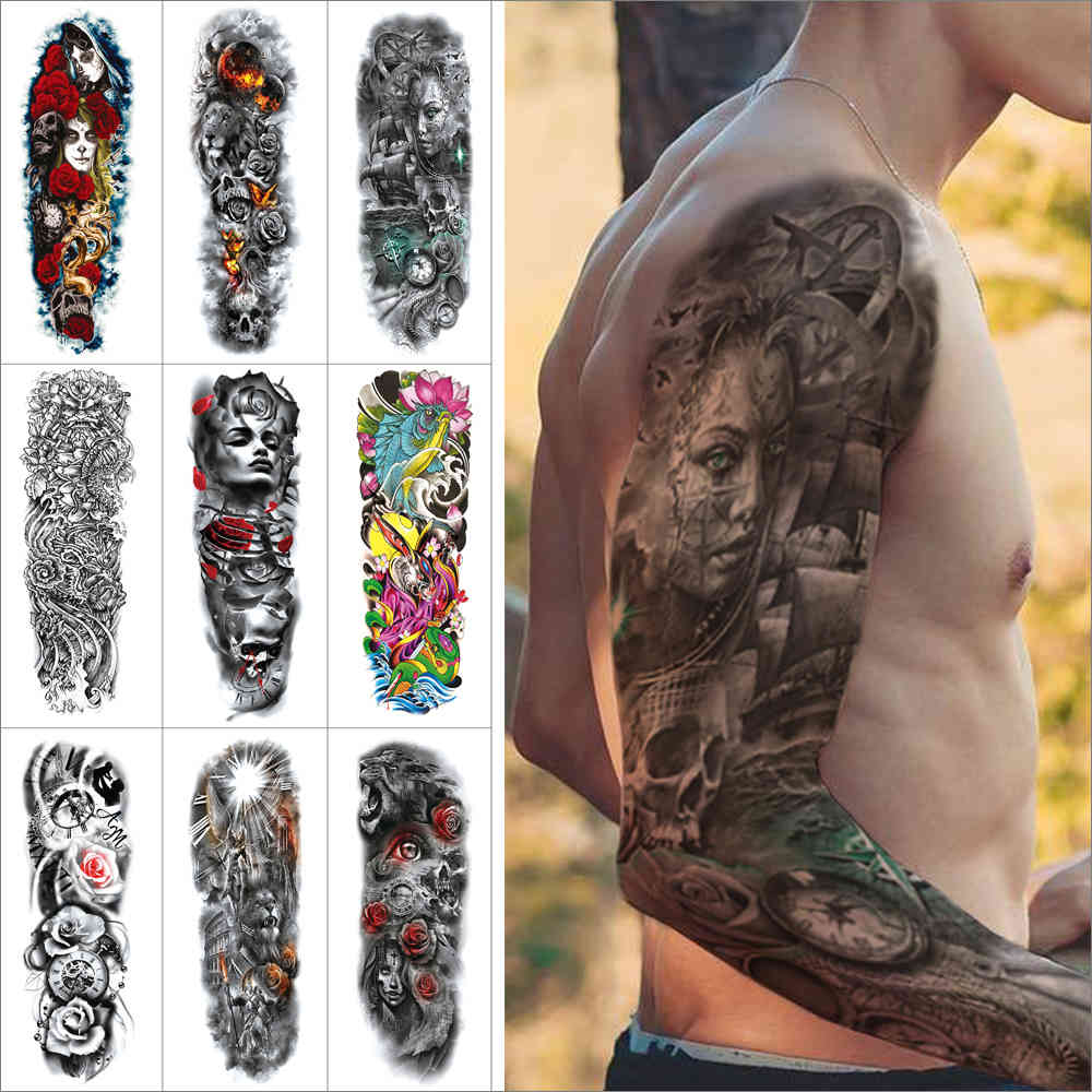 

Big Arm Sleeve Water-Resistant Temporary Sticker Colorful flowers leopard human face clock False light Tattoo for Body