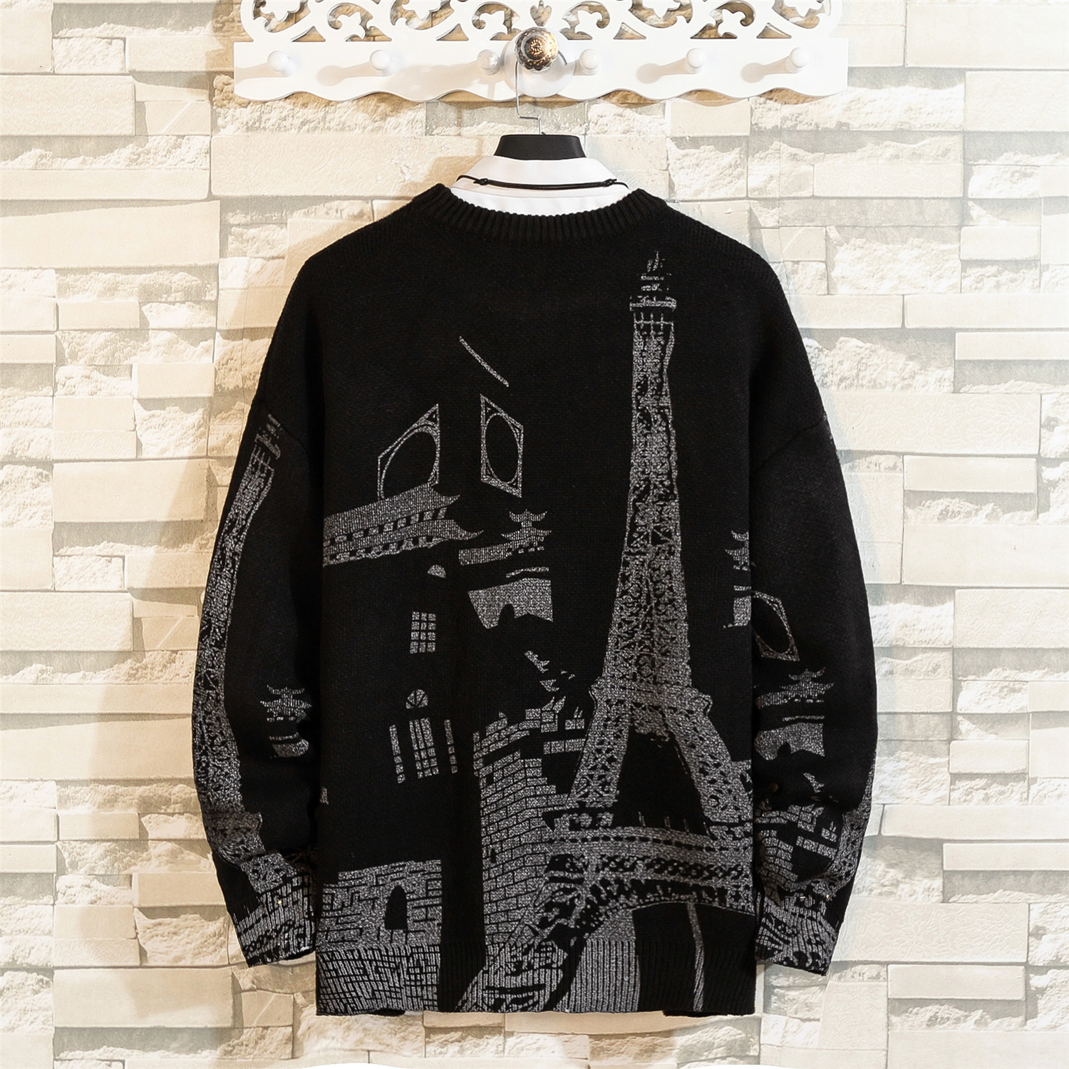 

2021 New Sweaters Men's Paris Print Pullover Long Sleeves Autumn Winter Knitted O-neck the Eiffel Tower 0jgb, White
