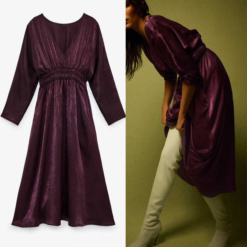

Za Satin Purple Long Dress Women V-neck Long Sleeve Elegant Office Dress Fashion Elastic Waist Side Pockets Midi Dresses 210602