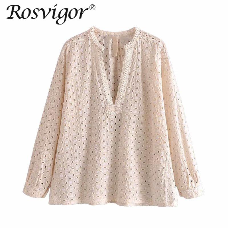 

Women's Blouses & Shirts Summer Openwork Embroidered Blouse Women Long Sleeve V Neck Vintage Female Fashion Irregular Hem Casual Top 2021, White