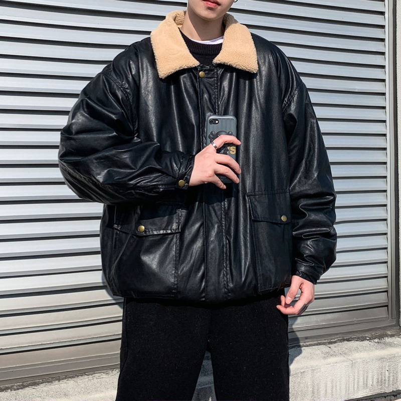 

2021 New Winter Thick Leather Men's Warm Fashion Lamb Hair Motorcycle Jackets Mens Streetwear Loose Hip-hop Bomber Jacket Men Zuel, Brown