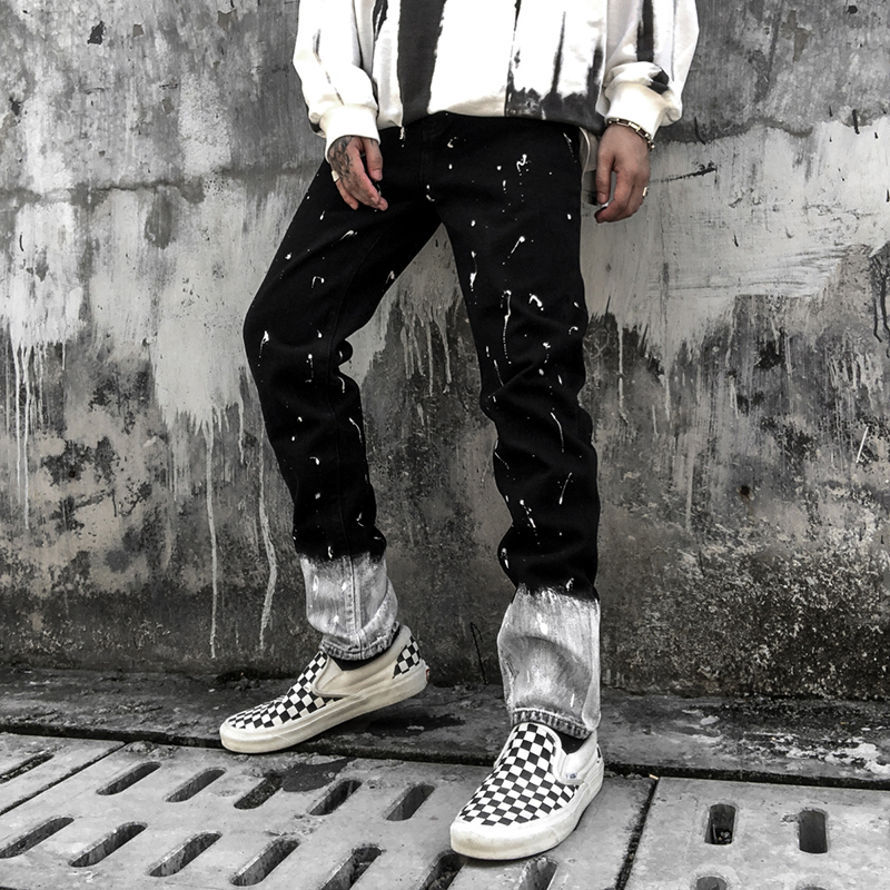 

2021 New High Street Paint Splash Grease for Man and Woman Washed Retro Straight Lets Down Jean Oversized Gfpb, Black