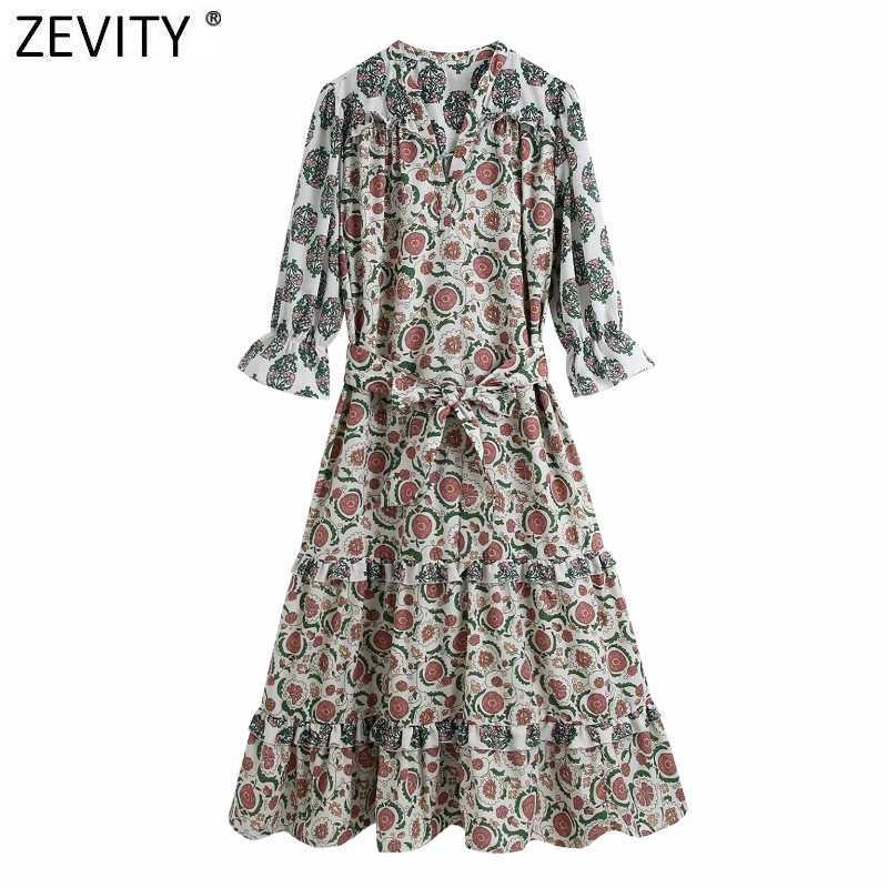 

ZEVITY Women Vintage V Neck Floral Print Pleat Ruffles Midi Dress Lady Puff Sleeve Bow Tied Sashes Vestidos Chic Dresses DS8123 210603, As pic ds8123bb