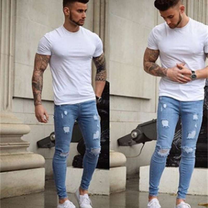 

Skinny For Ripped Holes Motorcycle Biker Denim Pants Men Fashion Hip Hop Mens Jeans, Black;white