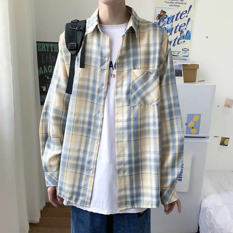 

2021 New Spring Autumn Plaid Men's Fashion Retro Casual Shirt Men Streetwear Korean Loose Long Sleeve Shirts Mens M-2xl 6a5y, Apricot