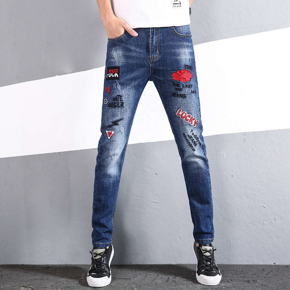 

High end embroidered jeans men's fashion brand stretch slim pants net red trend autumn and winter embroidered versatile pants, Blue