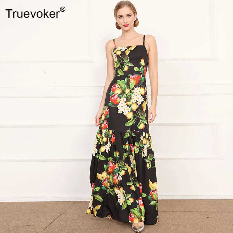 

Truevoker Runway Fashion Floor Length Party Dres's Colourful Fruit Print Spaghtti Strap Long Robe Customize Size 7XXL 210602, Black