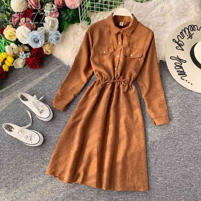 

Casual wear dres slim Single breasted a-line spring autumn dresses fashion woman vintage corduroy long robe vestidos 210602