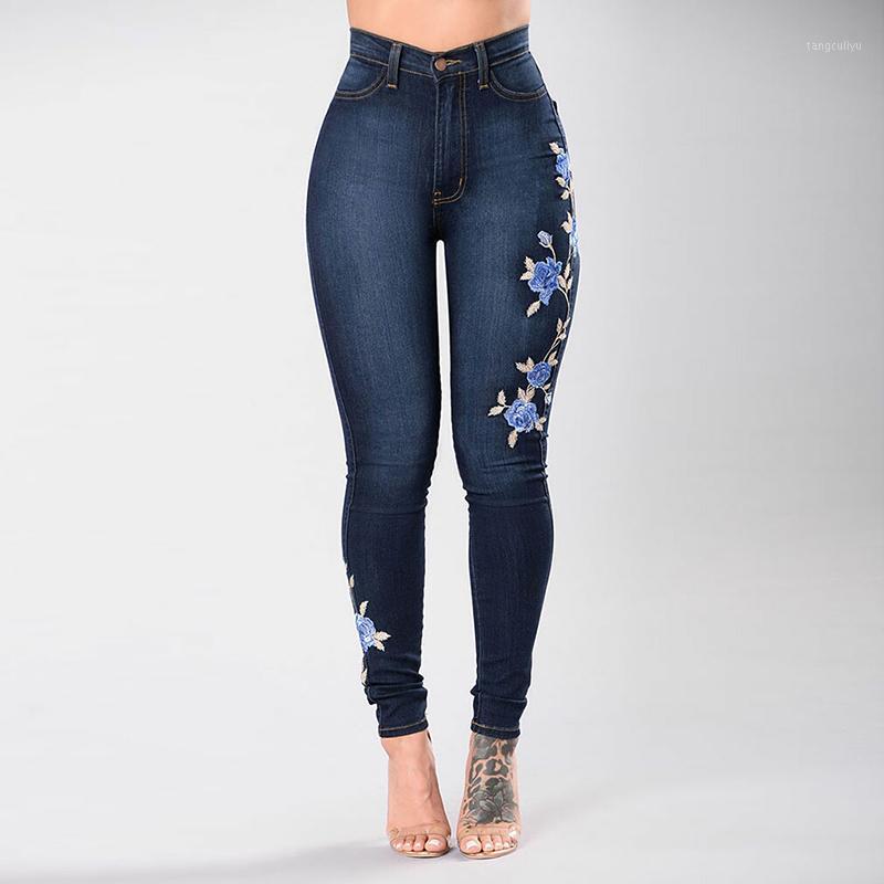

Stretch Embroidered Jeans Women Elastic Blue Flower Female Pencil Denim Pants Rose Pattern Pantalon Femme Bottom Trouser