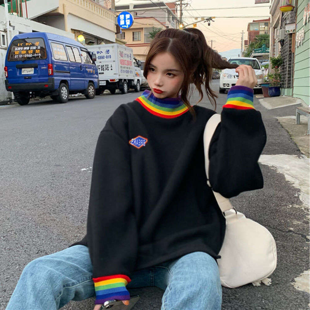 

Oversized Women's Hoodies 4XL Plus Size Korean Style Crewneck Sweatshirts Harajuku Large Rainbow Sleeve Hooded Winter Woman 2020, Black