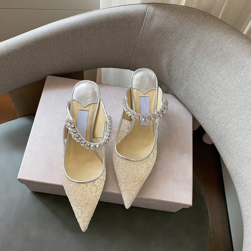 

Bing 65mm glitter tulle slippers crystal-embellished studded mules shoes Rhinestone stiletto Heels sandals women's Luxurys Designers Dress shoe factory footwear, Gift(not sold separately)