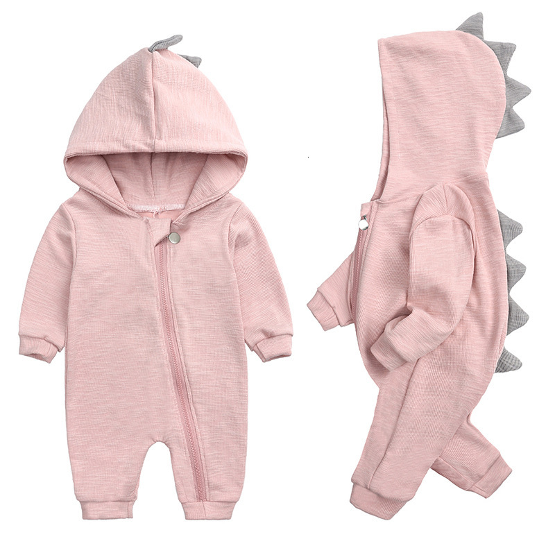 

New 2021 Spring Kids Tales Newborn Baby Suit Solid Hooded Dino Boys Girls Romper Cotton Babywear 4 Colours 18ya, Gray