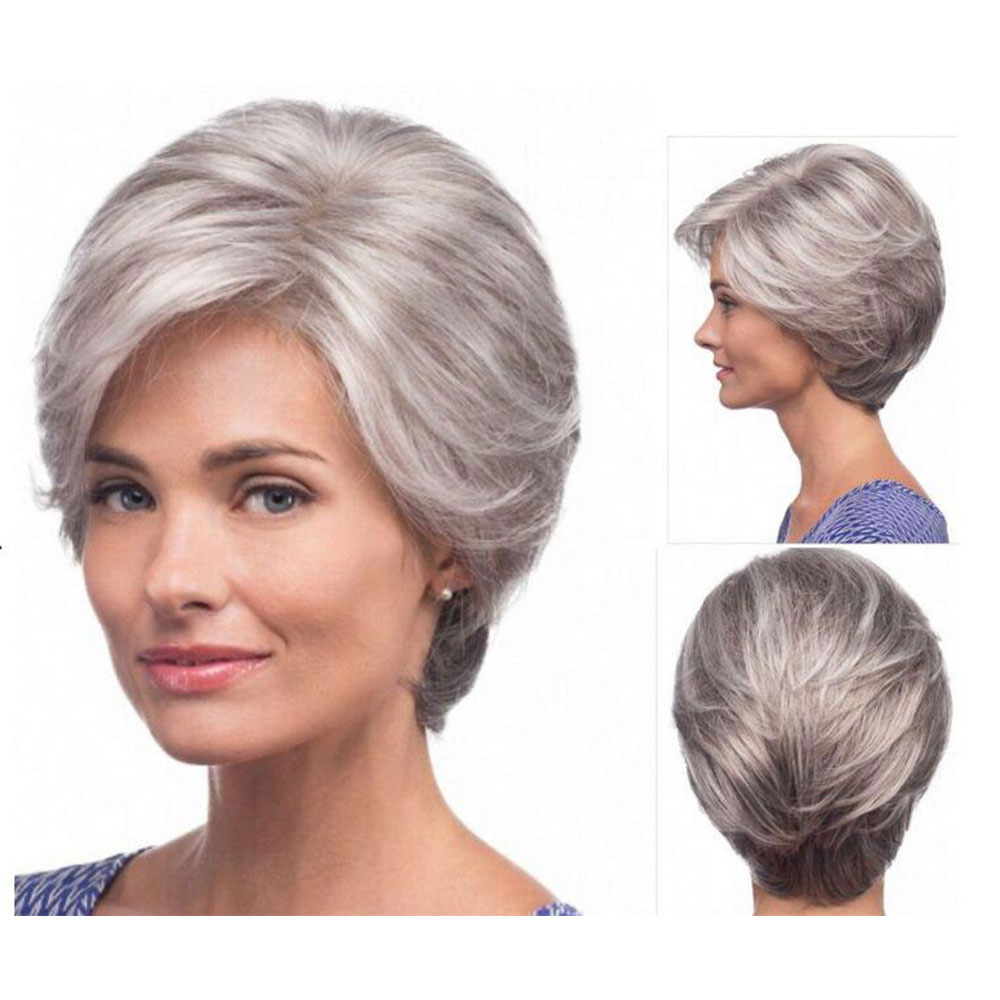 

Fashion Beautful Women Short Wigs for Old Women Synthetic Grey Hair Straight Style Olded Wig Cosplay, 8 inch