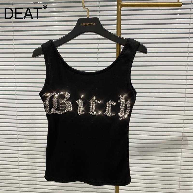 

DEAT Summer Sleeveless O Neck Print Letters Short Tank Top MJ600 210616, Black