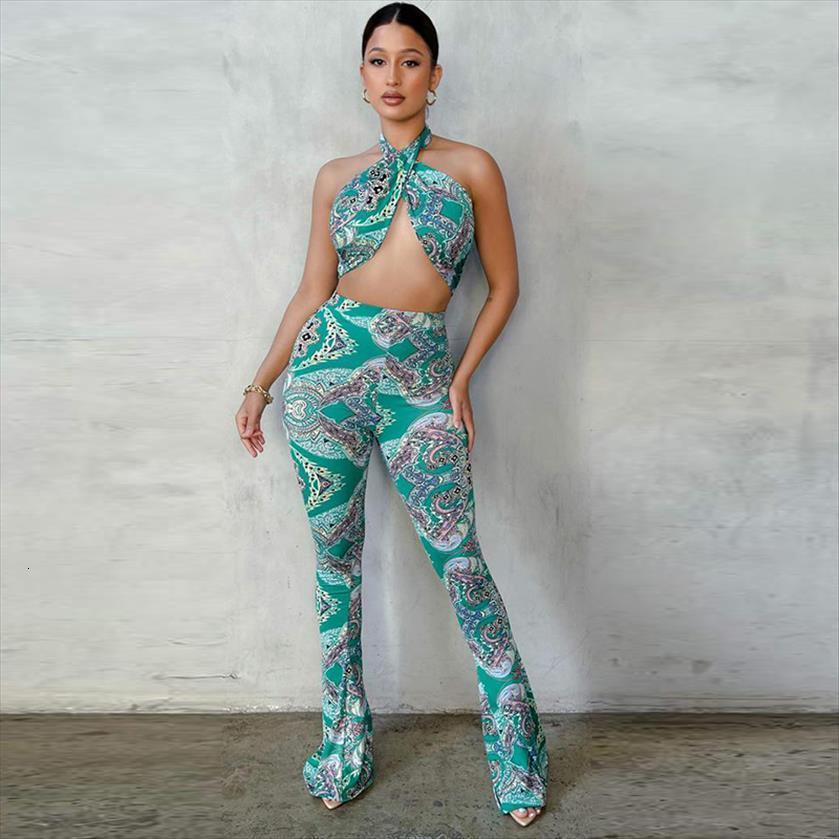 

exy two piece set womenpant vacation summer outfits bandana paisley print flare pants halter top, White