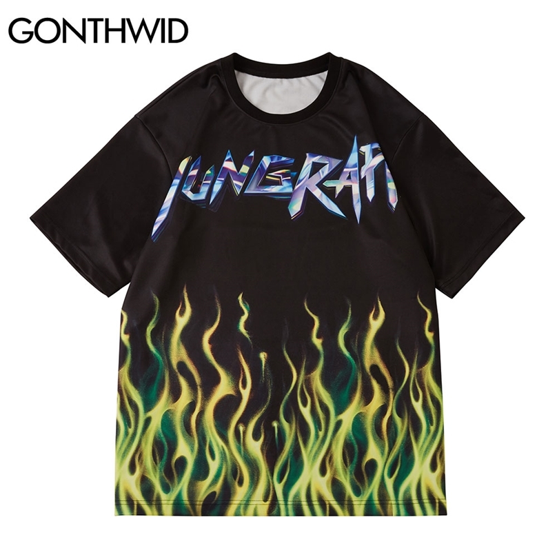 

T-Shirts Harajuku Fire Flame Print Tees Shirts Hip Hop Fashion Cotton Casual Loose Summer Men Short Sleeve Tshirts Tops 210602, Black