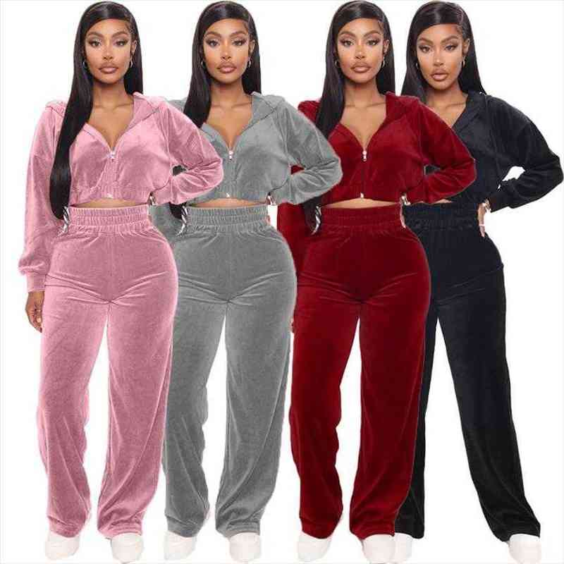 

velvet tracksuit two piece women tracksuits set autumn winter clothes long sleeve hooded short and wide leg pants velour, Gray