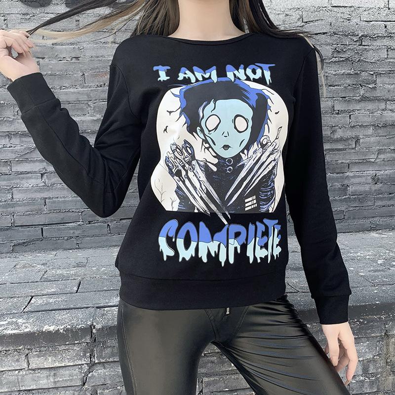 

Women's Hoodies & Sweatshirts Grunge Hoodie Punk Gothic Cartoon Printed Dark Street Wear Knitted Tops Y2k Sweatshirt Dollskill Kawaii, Black