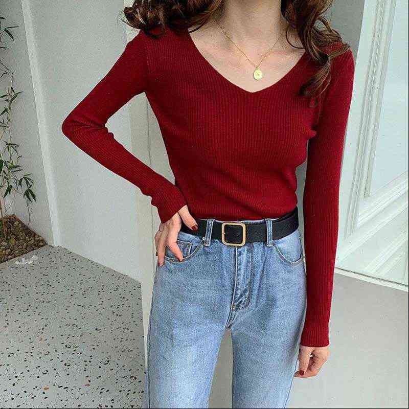 

basic women sweaters solid skinny slender elastic simple chic v neck slimming all match soft knitted 7 colors, White;black