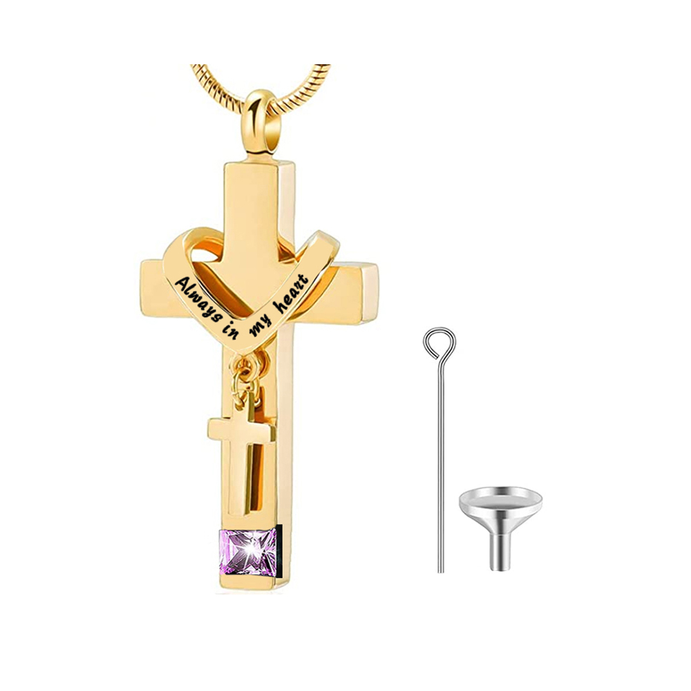 

Gold Cross With Birthstone Pendant Necklaces Cremation Urn for Ashes Stainless Steel Memorial Jewelry Keepsake for Human or Pet Gift-Always in my heart