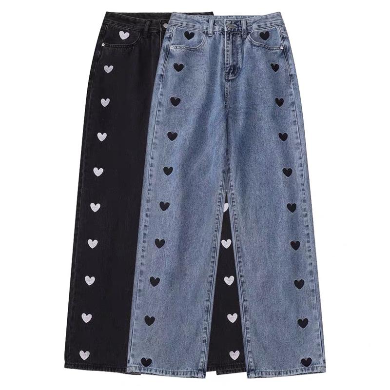

2021 New Wide Leg Jeans Women Love Printing Vintage Harajuku Loose Casual Denim Pants Spring Street High Waist Woman Trousers, Black