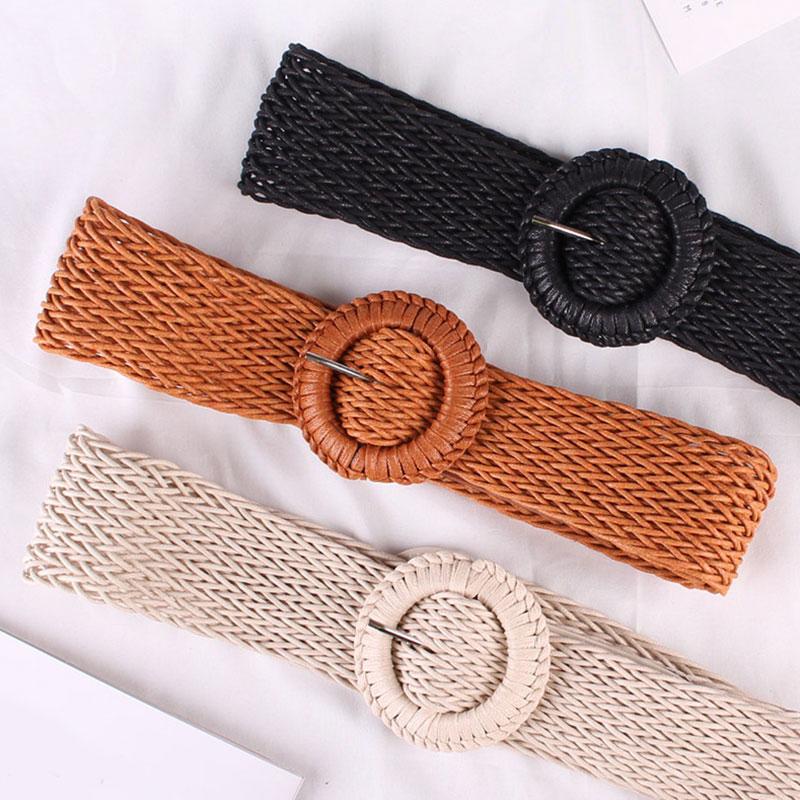 

Belts Vintage Wide Bohemian For Women Round Wood Buckle Woven Braided Rope Belt Female Designer Crochet Boho Dress Waistband, Black