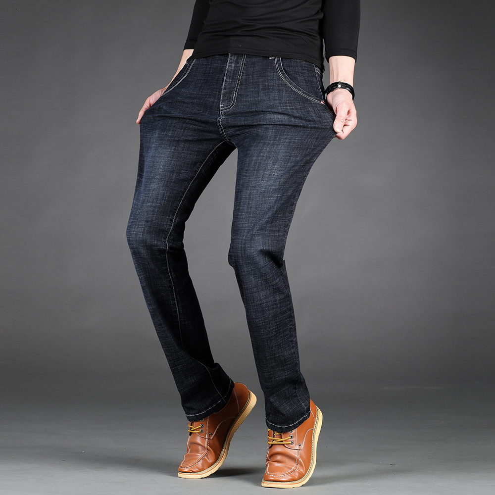 

2021 New Basic Style Casual Summer Thin Elastic Jean Hot Sale Original Straight Leg Light Blue Color Men Plus Size Fnrr, Blueblack