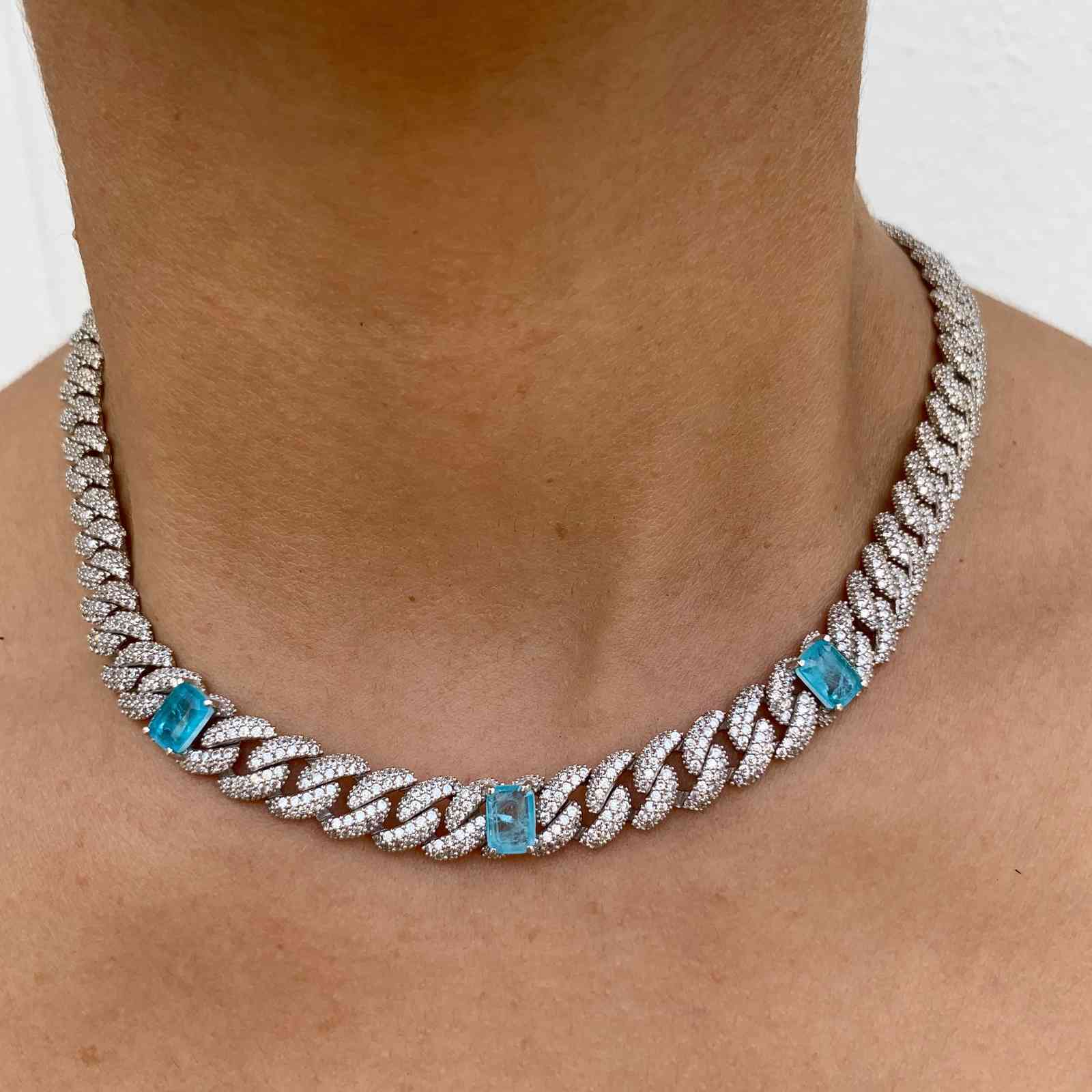 

Light blue clear cz chocker necklace miami cuban tennis chain for women men fashion hip hop rec stone charm chic jewelry X0509