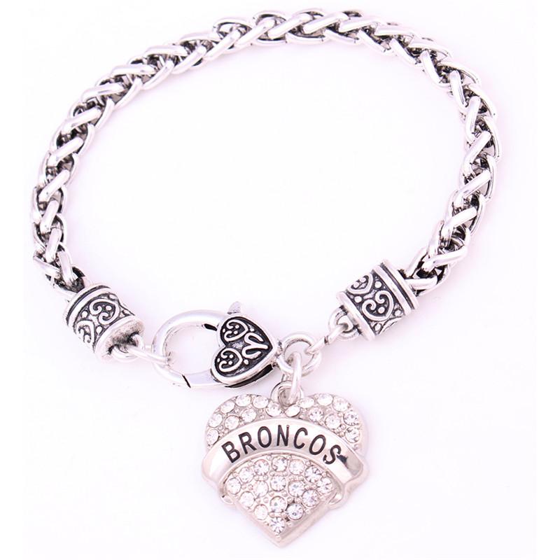 

Charm Bracelets Female Bracelet Wild Feeling BRONCOS Written In Heart Pendant And Sparkling White Crystals Zinc Alloy Provide Drop